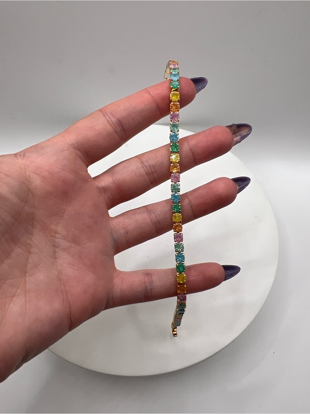 065. Multicolor Gemstone Tennis Bracelet  18k Gold Filled 6 3/4”